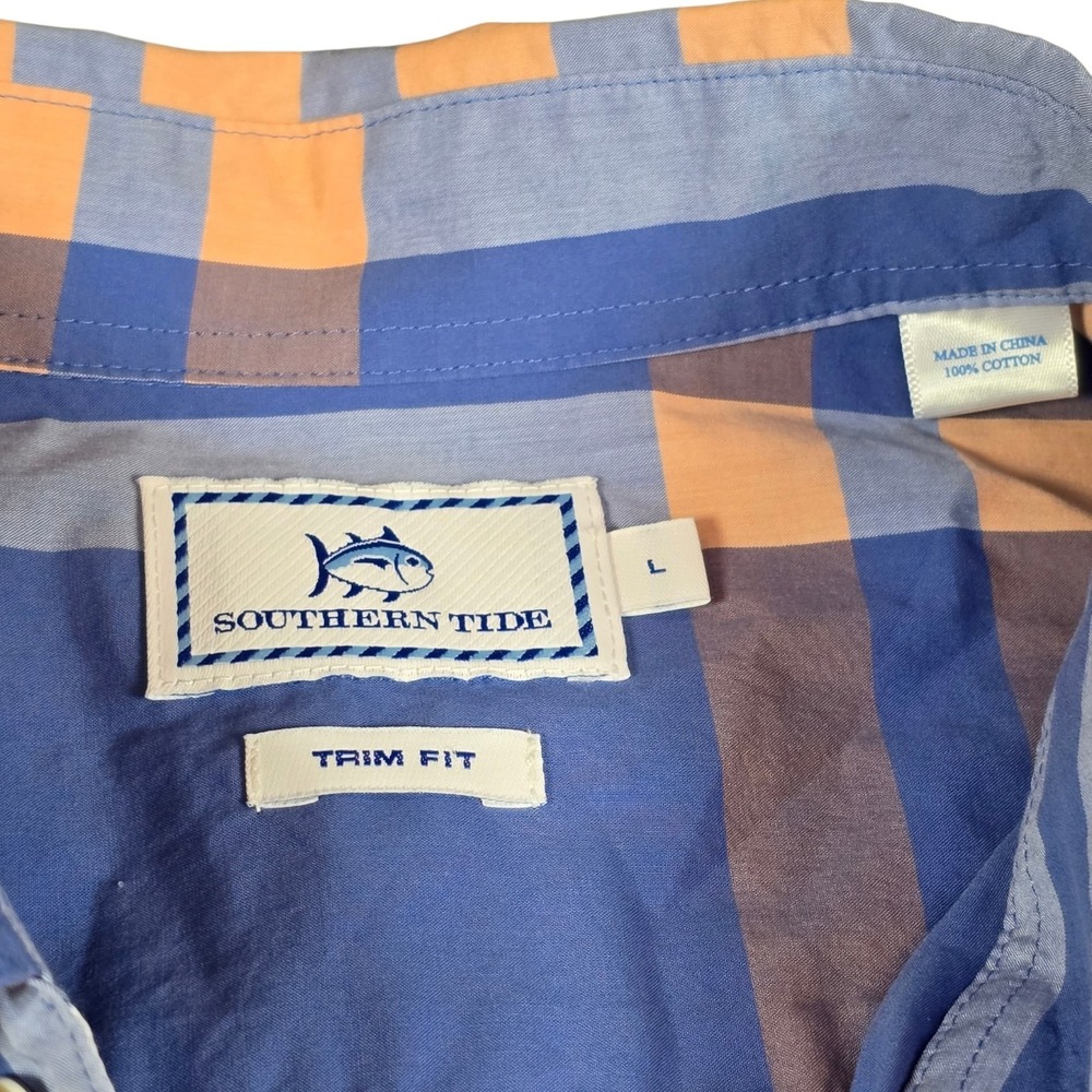 Southern Tide Blue Orange Plaid Check Trim Fit Button Down L/S Dress Shirt Men L - Picture 3 of 8